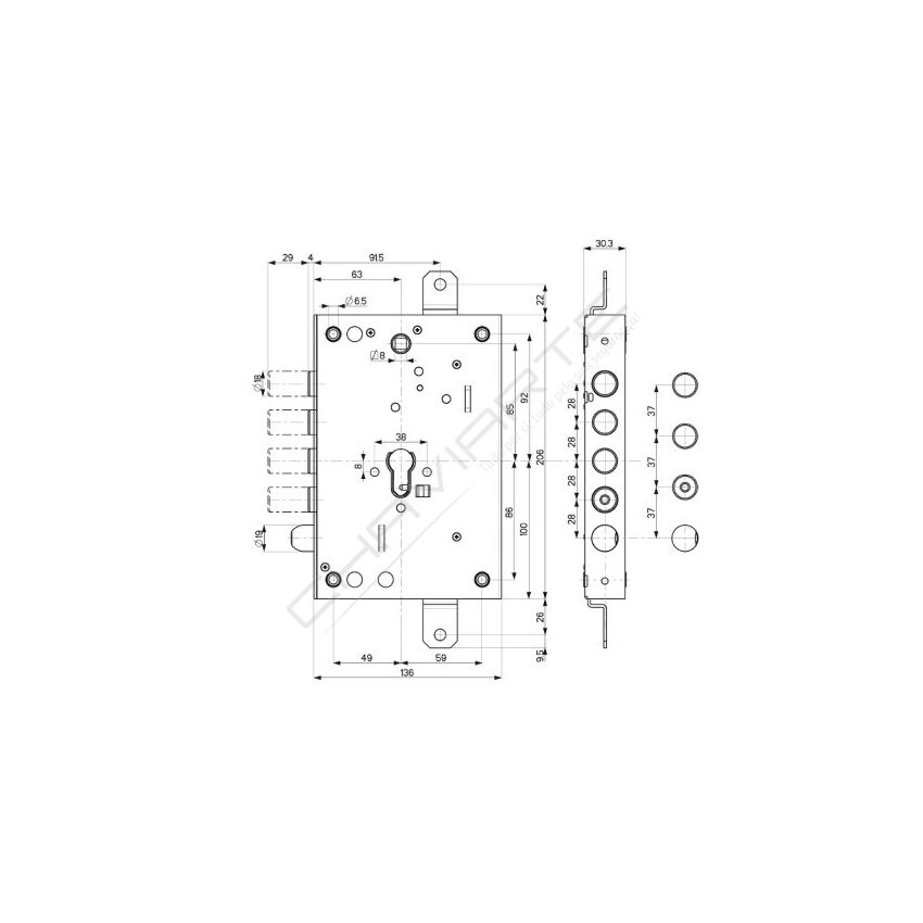 Fechadura Mottura, porta blindada 4 pernos 82571W800Q
