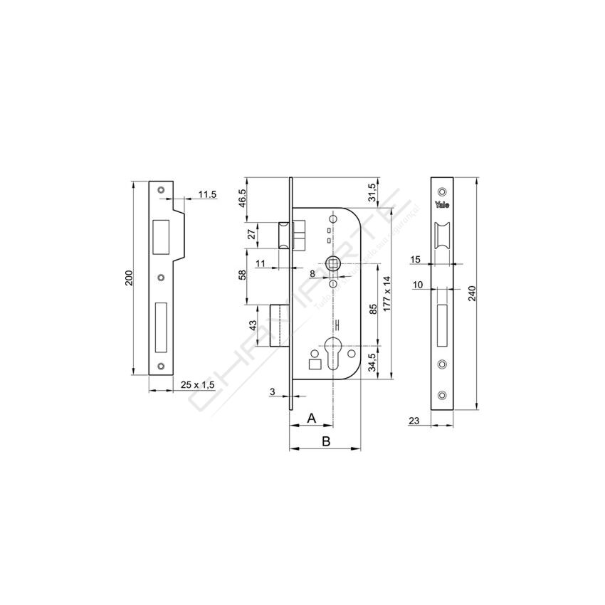 Fechadura de embutir madeira YALE 520 (tipo 790), entrada 20 mm